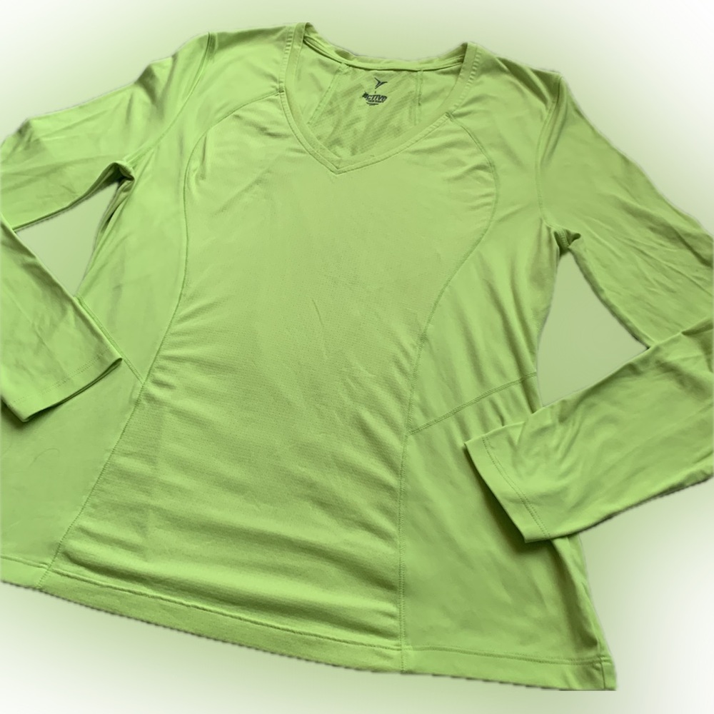 Old Navy Active | long sleeve neon green vneck stretch pullover thumb hole | LG